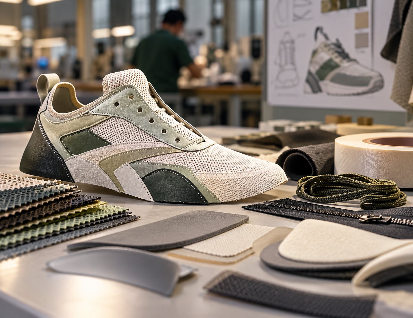 A finished athletic shoe upper on a work table among mesh, leather, laces, tape and toe-puff components, with design sketches behind