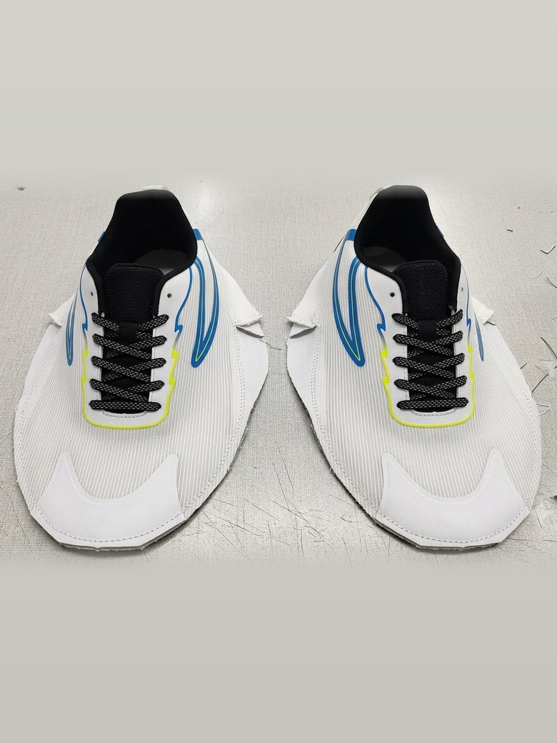 White knit upper with blue and neon trim