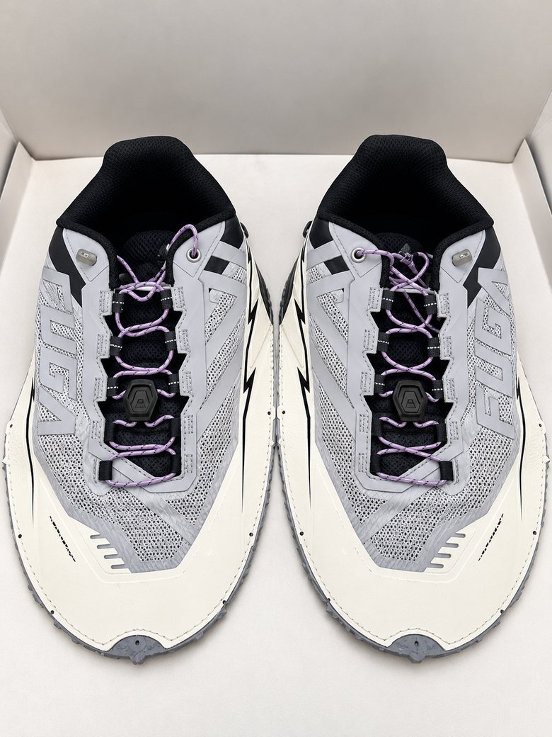 Grey and white runner upper with lilac laces