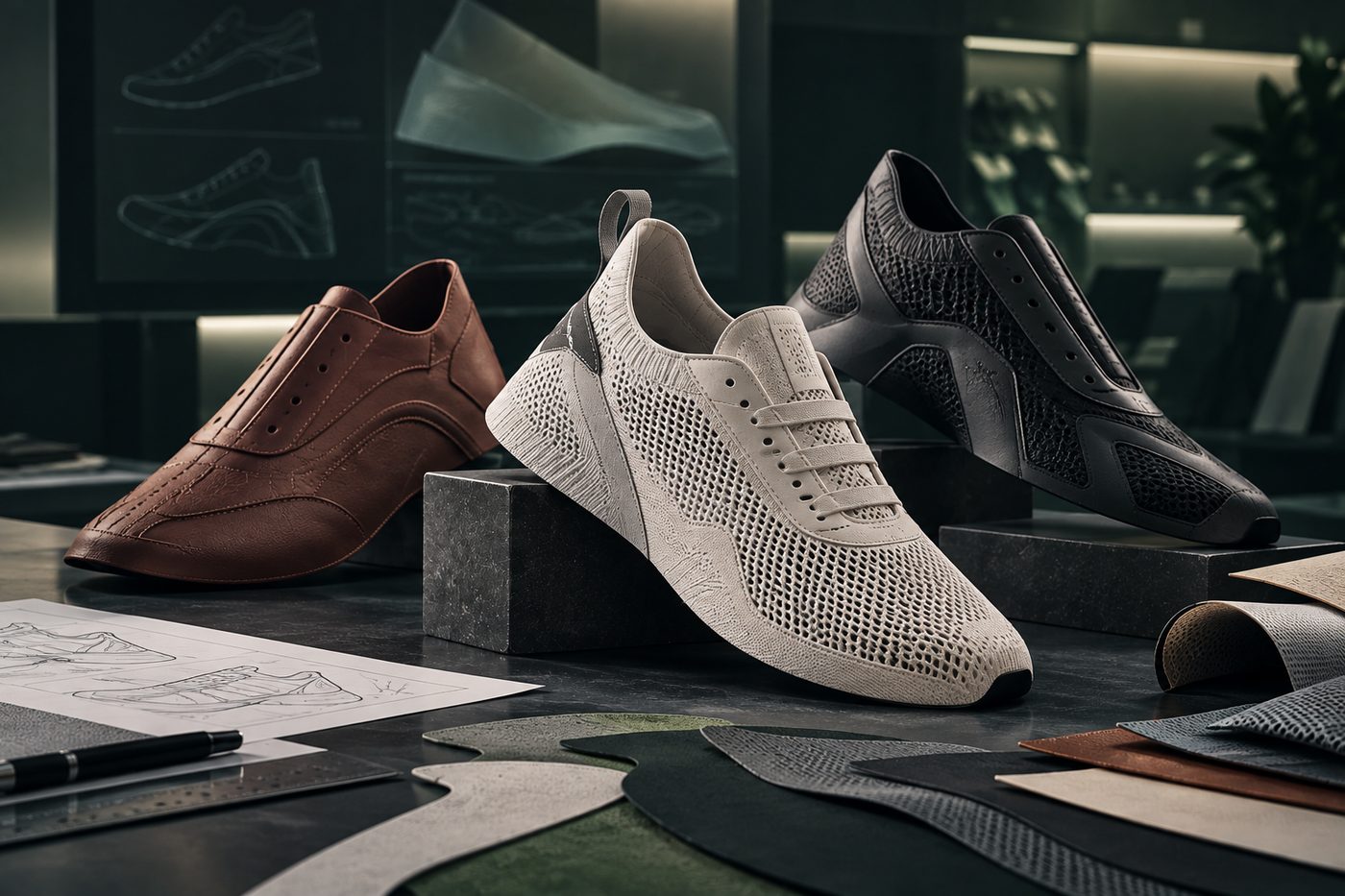 Finished shoe uppers: a brown leather upper, a white knit athletic upper and a black textured athletic upper on stone plinths, with pattern pieces and material swatches
