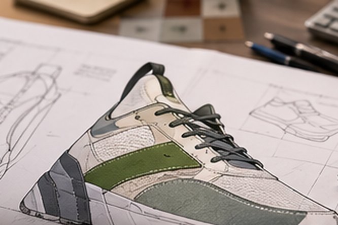 Design desk with sneaker sketches, tech pack and material swatches